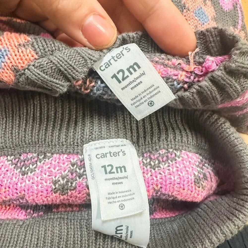 Carters Pink & Gray/Brown Baby Girl 2-Piece Floral Knit Outfit Size 12M